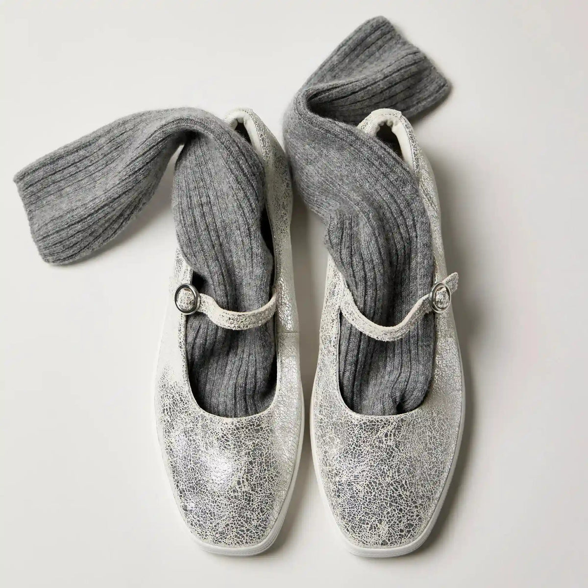 Square Toe Mary Jane Distressed Metallic Leather